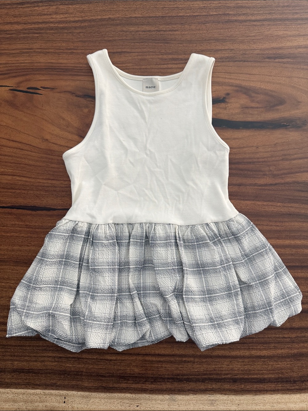Maeve White Tank Top with Black Plaid Peplum Hem